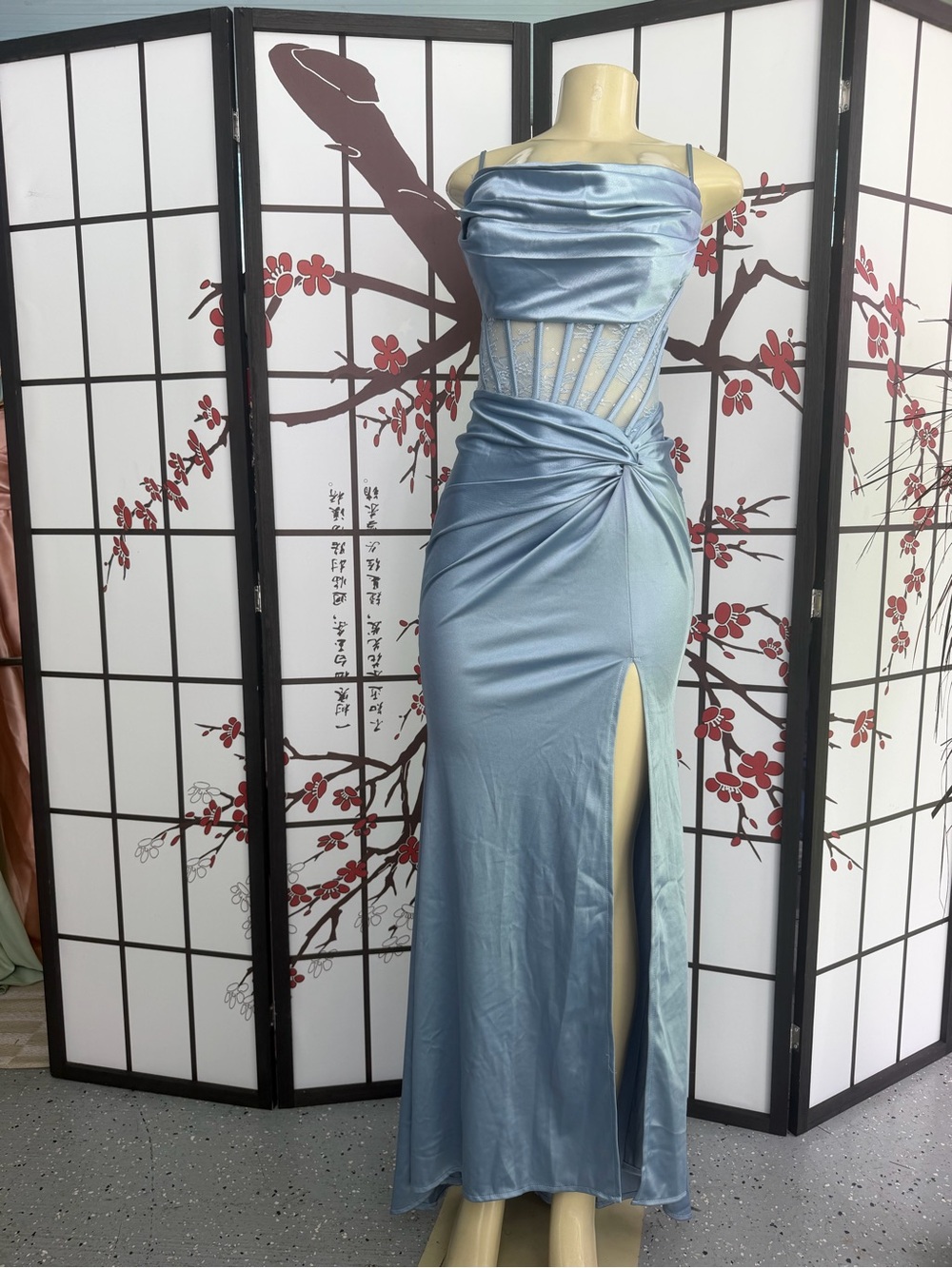 Satin Light Blue Corset Maxi Dress with Side Knot and High Slit